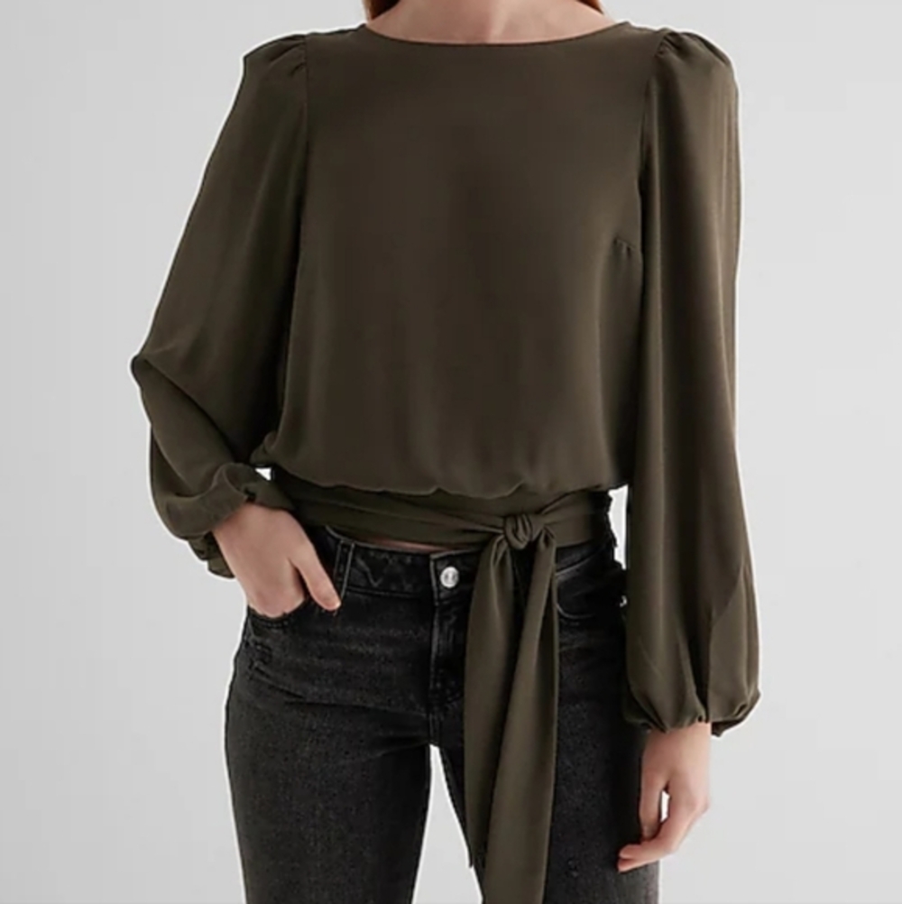 NWT Express Crew Neck Balloon Sleeve Tie Waist Top